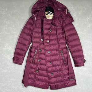 Burberry BRIT Double Breasted Parka Coat Puffer Down Hooded Belt Nova Check XS